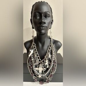 Bold Silver Statement Necklace with Cross Charms & Matching Earrings